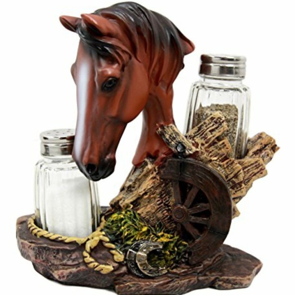 Western Horse Head Wagon Wheel Salt Pepper Shaker Holder Rustic Decor Stand Only